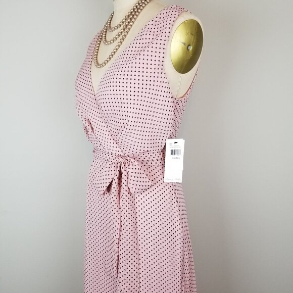 Lapis & Lillies Blush Pink & Black Dot Faux Wrap Chiffon Dress * Small * NEW Tag - Picture 6 of 9